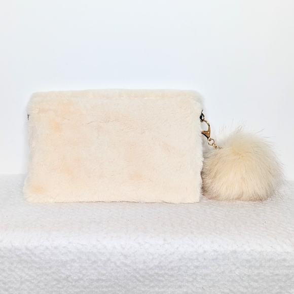 Faux Fur Crossbody Bag With Pom Detachable Gold Crossbody Chain Off White - Picture 10 of 13